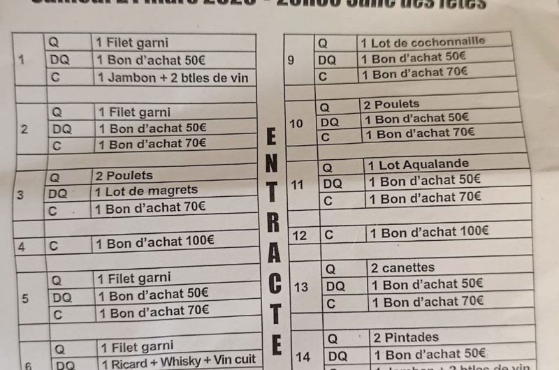 Sarbazan – Loto du Foyer Rural – 21 Mars